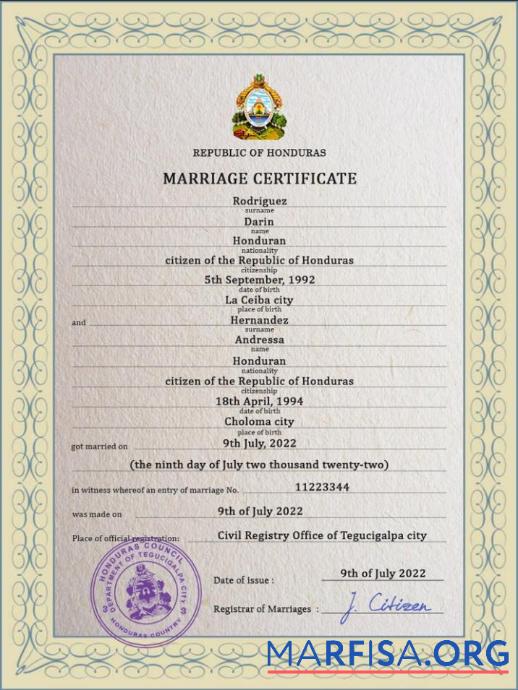 Blank Honduras marriage certificate PSD template